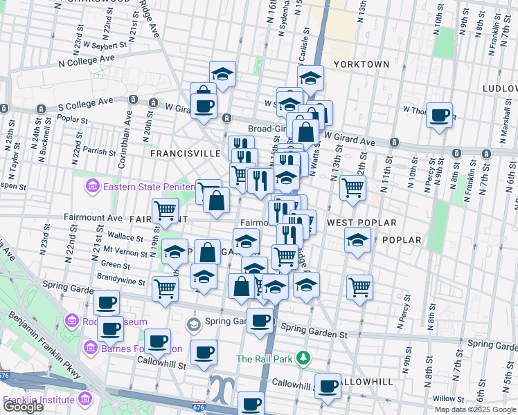 map of restaurants, bars, coffee shops, grocery stores, and more near 1511 Swain Street in Philadelphia