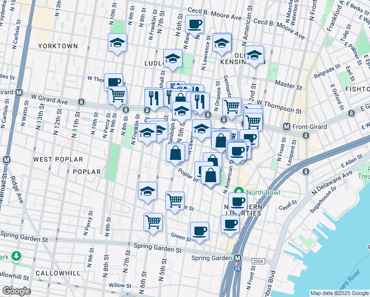 map of restaurants, bars, coffee shops, grocery stores, and more near 966 North Lawrence Street in Philadelphia