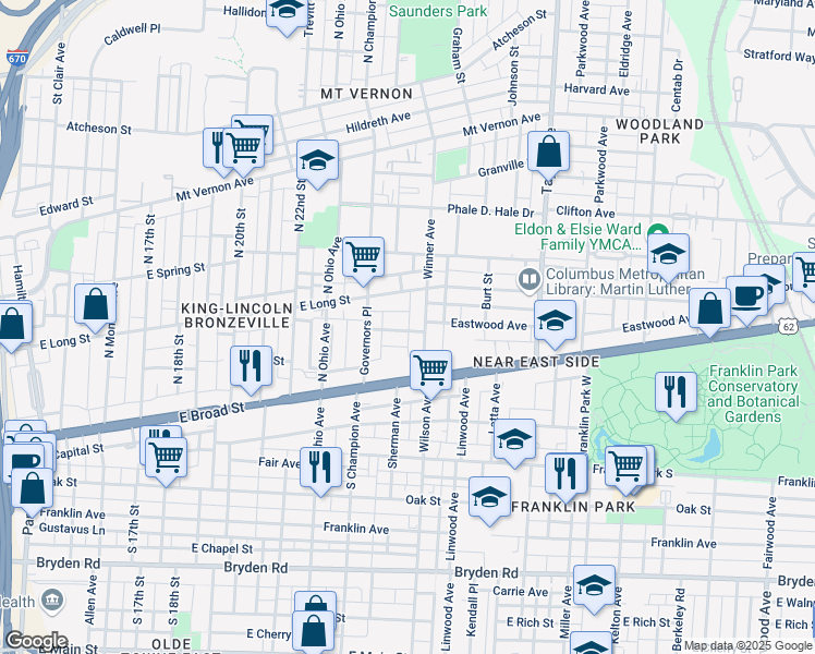 map of restaurants, bars, coffee shops, grocery stores, and more near 1286 Eastwood Avenue in Columbus