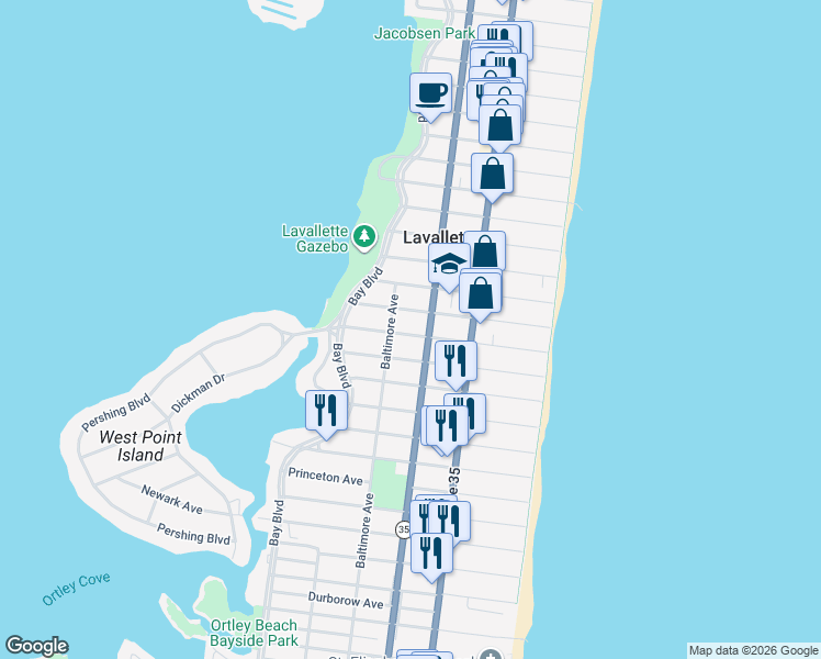 map of restaurants, bars, coffee shops, grocery stores, and more near 119 New Brunswick Avenue in Lavallette