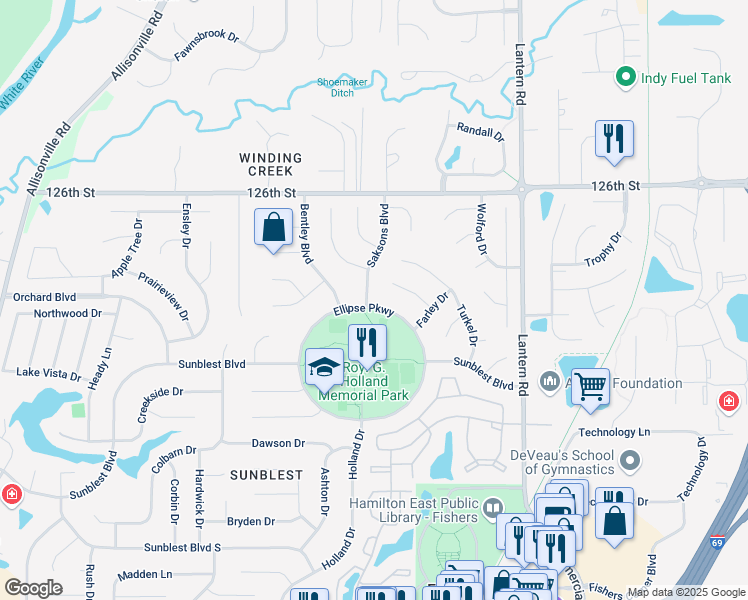 map of restaurants, bars, coffee shops, grocery stores, and more near 12461 Saksons Blvd in Fishers