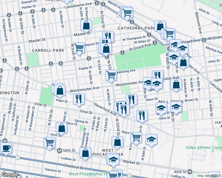 map of restaurants, bars, coffee shops, grocery stores, and more near 448 North 52nd Street in Philadelphia