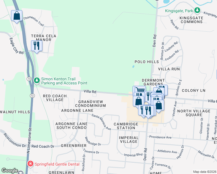 map of restaurants, bars, coffee shops, grocery stores, and more near 640 Villa Rd in Springfield