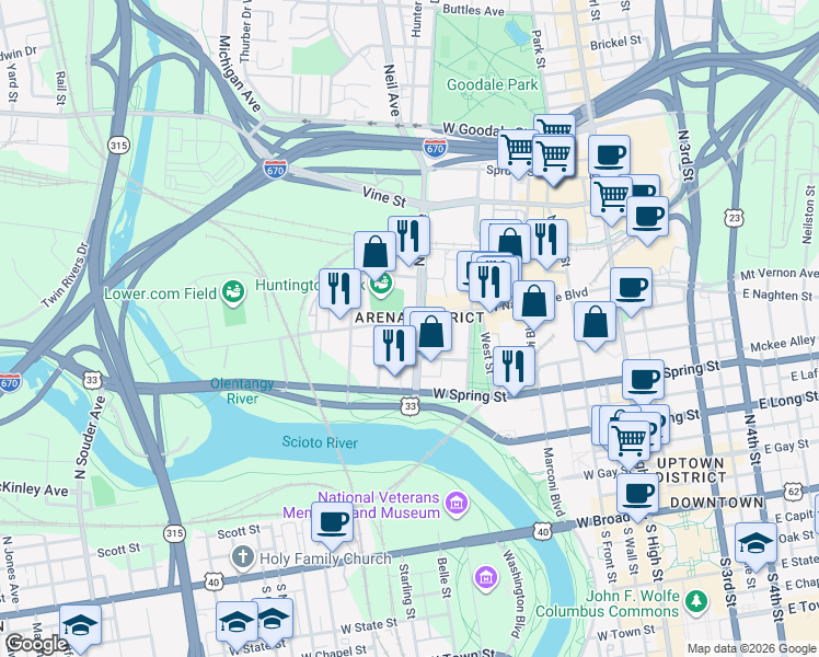 map of restaurants, bars, coffee shops, grocery stores, and more near 305 West Nationwide Boulevard in Columbus