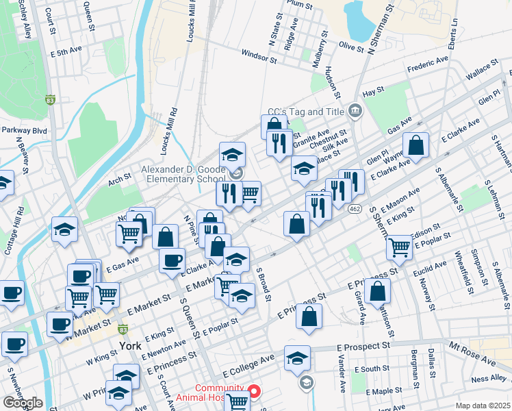 map of restaurants, bars, coffee shops, grocery stores, and more near 440 Walnut Street in York