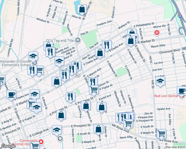 map of restaurants, bars, coffee shops, grocery stores, and more near 819 Donnelly Street in York