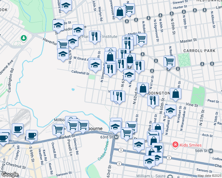 map of restaurants, bars, coffee shops, grocery stores, and more near 6333 Vine Street in Philadelphia