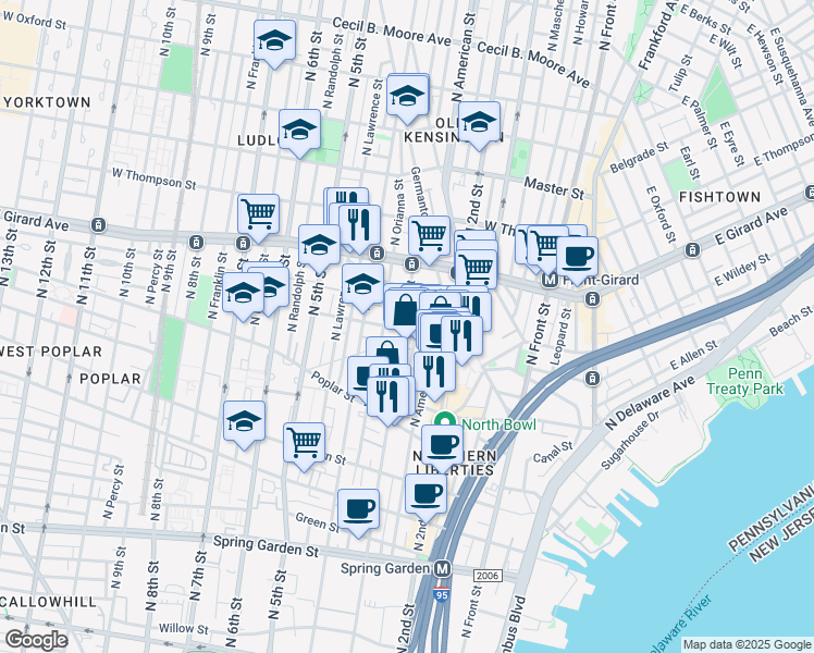 map of restaurants, bars, coffee shops, grocery stores, and more near 1031 North Orianna Street in Philadelphia