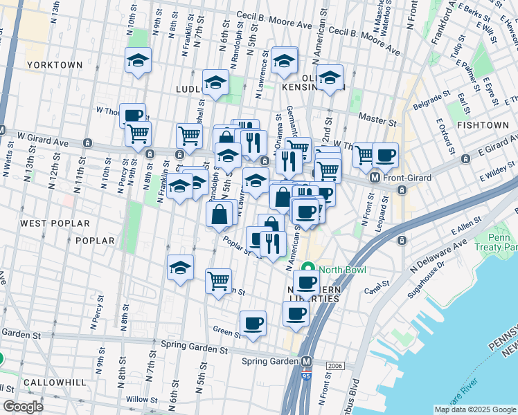 map of restaurants, bars, coffee shops, grocery stores, and more near 1039 North 4th Street in Philadelphia