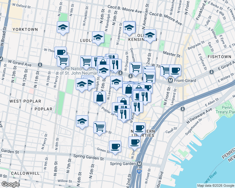 map of restaurants, bars, coffee shops, grocery stores, and more near 980 North Lawrence Street in Philadelphia