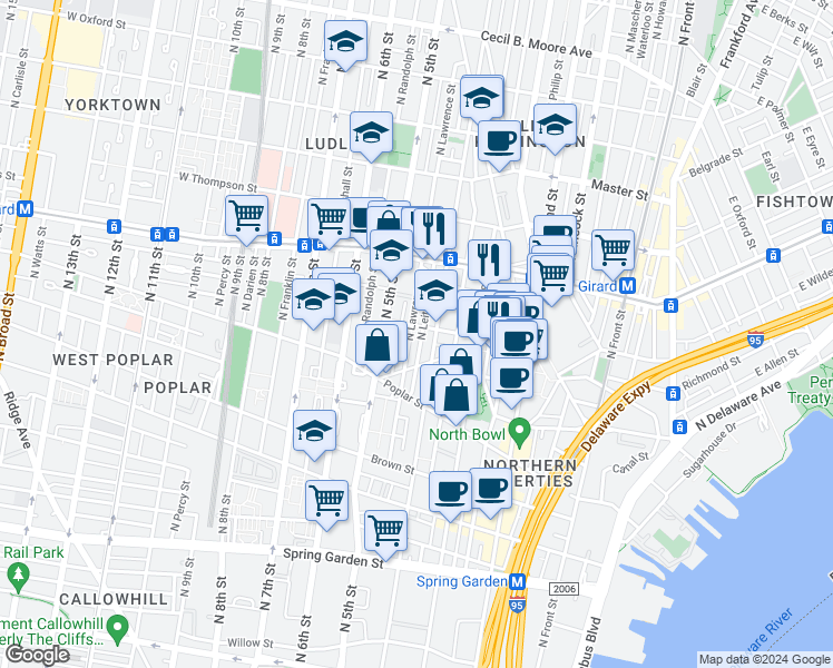 map of restaurants, bars, coffee shops, grocery stores, and more near 980 North Lawrence Street in Philadelphia