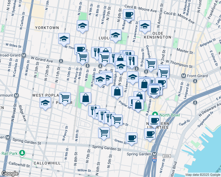 map of restaurants, bars, coffee shops, grocery stores, and more near 915 North 6th Street in Philadelphia