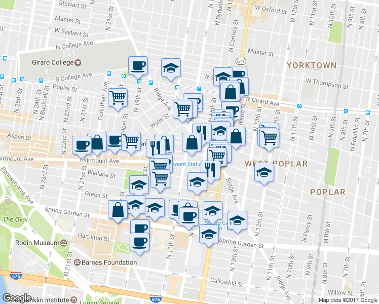 map of restaurants, bars, coffee shops, grocery stores, and more near 711 North 16th Street in Philadelphia