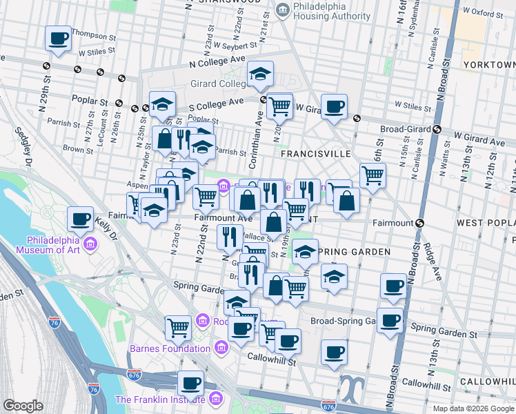 map of restaurants, bars, coffee shops, grocery stores, and more near in Philadelphia