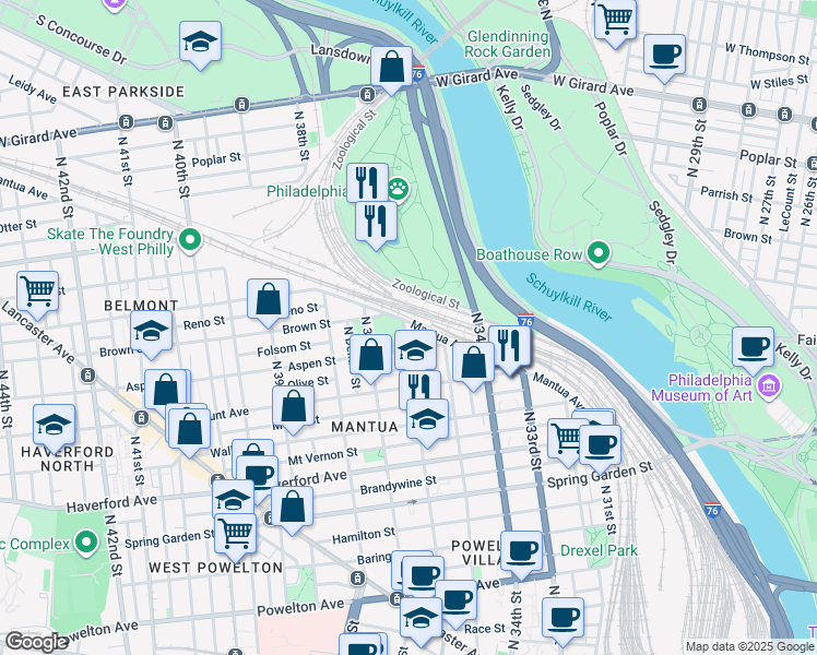 map of restaurants, bars, coffee shops, grocery stores, and more near 3548 Mantua Avenue in Philadelphia
