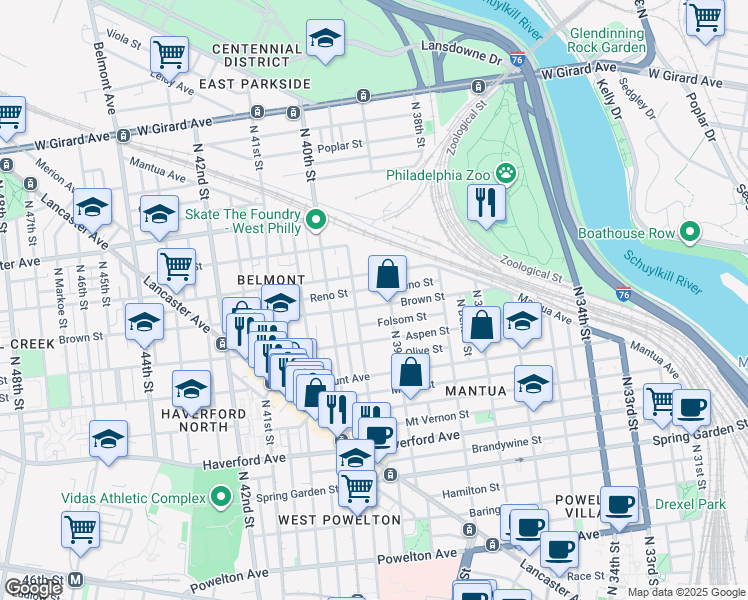 map of restaurants, bars, coffee shops, grocery stores, and more near 3914 Brown Street in Philadelphia