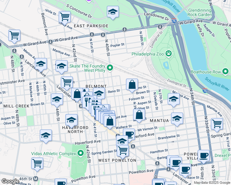 map of restaurants, bars, coffee shops, grocery stores, and more near 3931 Brown Street in Philadelphia