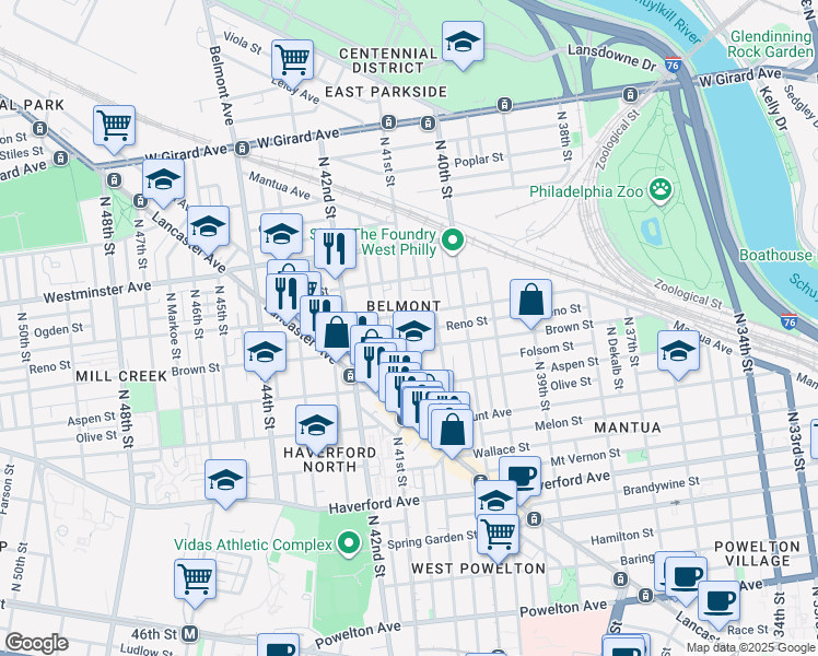 map of restaurants, bars, coffee shops, grocery stores, and more near 807 North 41st Street in Philadelphia