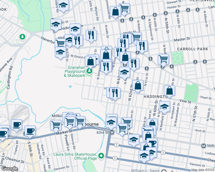 map of restaurants, bars, coffee shops, grocery stores, and more near 6326 Vine Street in Philadelphia