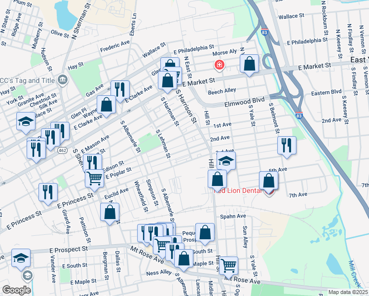 map of restaurants, bars, coffee shops, grocery stores, and more near 1151 East Poplar Street in York