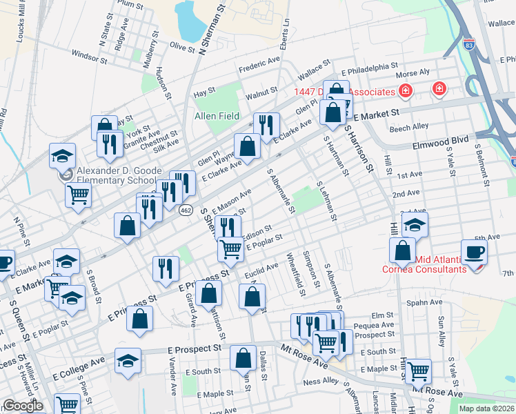 map of restaurants, bars, coffee shops, grocery stores, and more near 901 Wellington Street in York