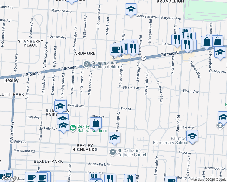map of restaurants, bars, coffee shops, grocery stores, and more near 160 South Gould Road in Columbus