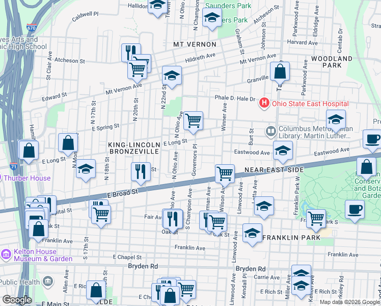 map of restaurants, bars, coffee shops, grocery stores, and more near 78 North Ohio Avenue in Columbus