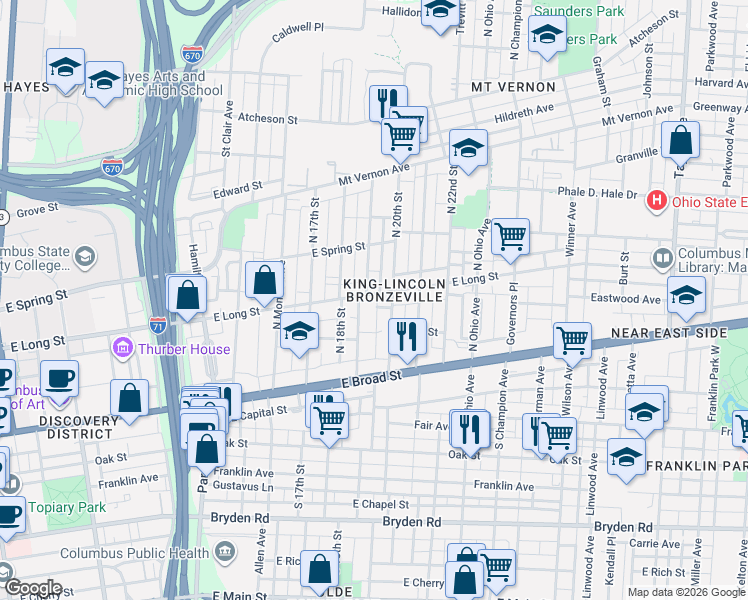 map of restaurants, bars, coffee shops, grocery stores, and more near 95-97 North 20th Street in Columbus