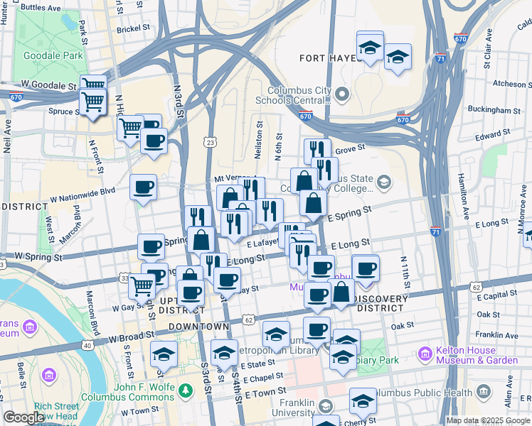 map of restaurants, bars, coffee shops, grocery stores, and more near 211 North 6th Street in Columbus
