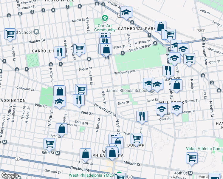 map of restaurants, bars, coffee shops, grocery stores, and more near 448 North 52nd Street in Philadelphia