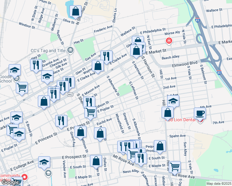 map of restaurants, bars, coffee shops, grocery stores, and more near 154 South Albemarle Street in York
