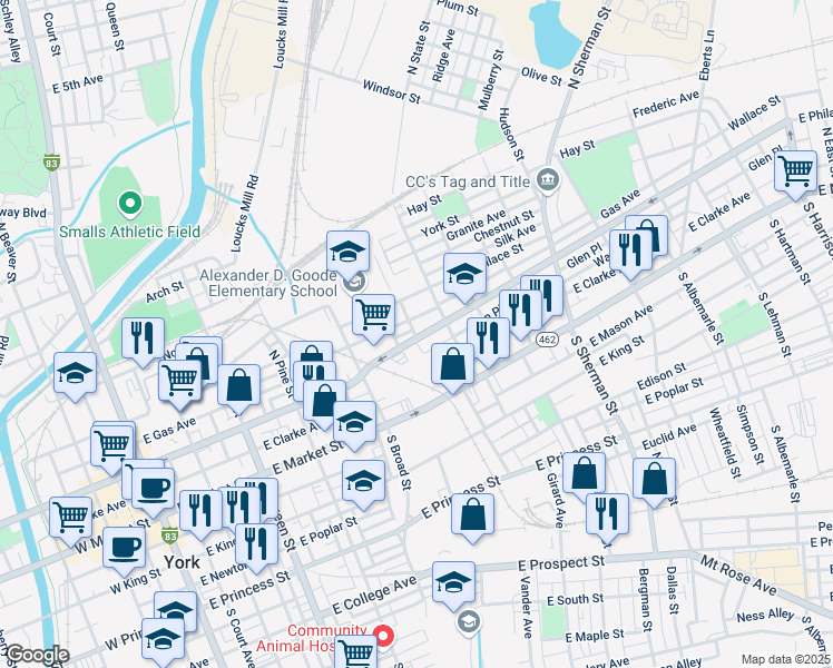 map of restaurants, bars, coffee shops, grocery stores, and more near 501 East Philadelphia Street in York