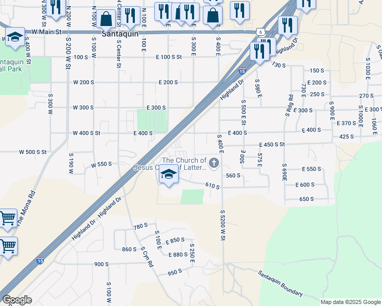 map of restaurants, bars, coffee shops, grocery stores, and more near 498 South 300 East in Santaquin