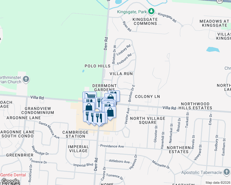 map of restaurants, bars, coffee shops, grocery stores, and more near 1039 Armsgate Road in Springfield