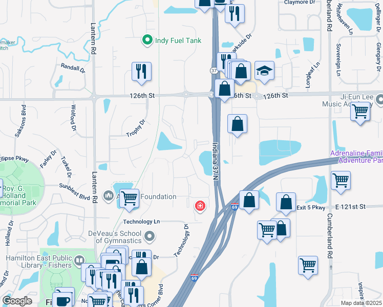 map of restaurants, bars, coffee shops, grocery stores, and more near 12381 Keeley Court in Fishers