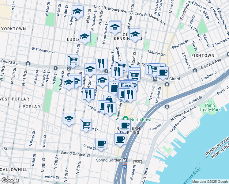 map of restaurants, bars, coffee shops, grocery stores, and more near 1101 North 3rd Street in Philadelphia