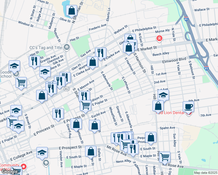 map of restaurants, bars, coffee shops, grocery stores, and more near 154 South Albemarle Street in York