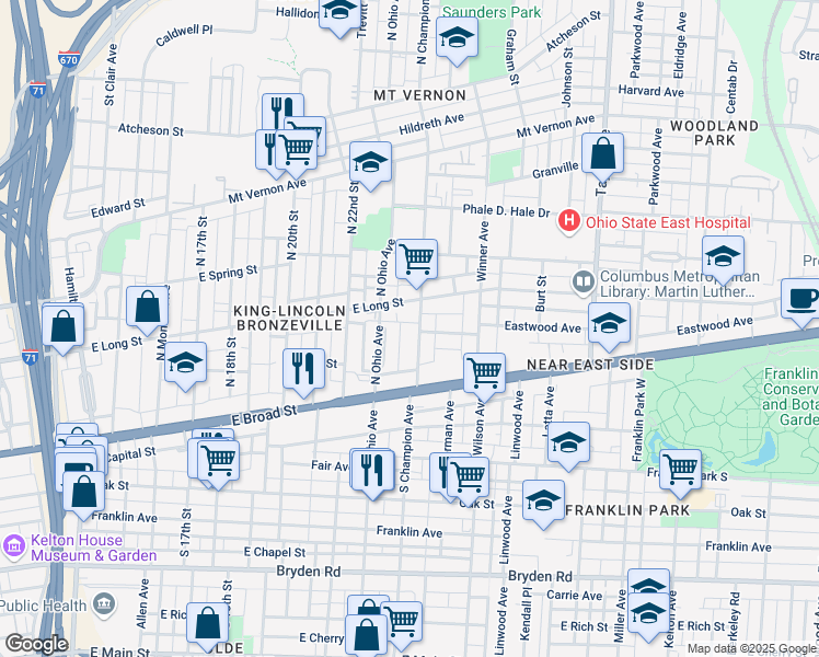 map of restaurants, bars, coffee shops, grocery stores, and more near 78 North Ohio Avenue in Columbus