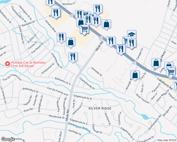 map of restaurants, bars, coffee shops, grocery stores, and more near 68 Grenada Street in Toms River