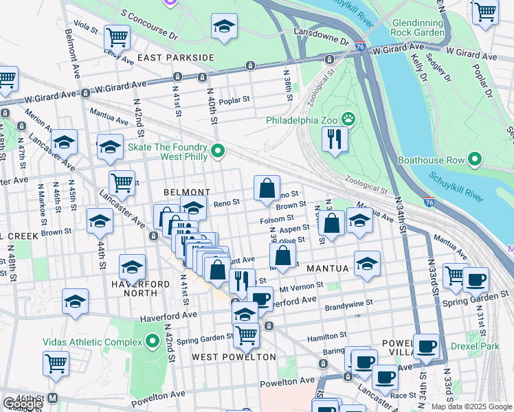 map of restaurants, bars, coffee shops, grocery stores, and more near 3921 Brown Street in Philadelphia