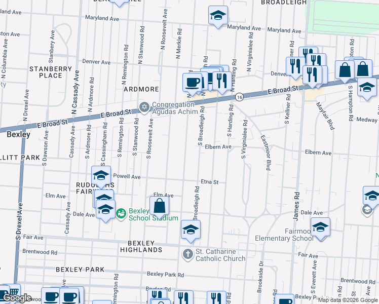 map of restaurants, bars, coffee shops, grocery stores, and more near 160 South Gould Road in Columbus