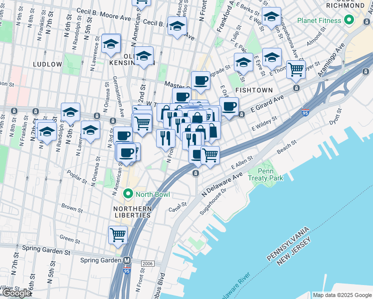 map of restaurants, bars, coffee shops, grocery stores, and more near 1122 Dunton Street in Philadelphia