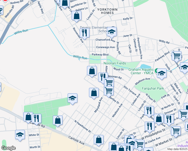 map of restaurants, bars, coffee shops, grocery stores, and more near 1001 Roosevelt Avenue in York