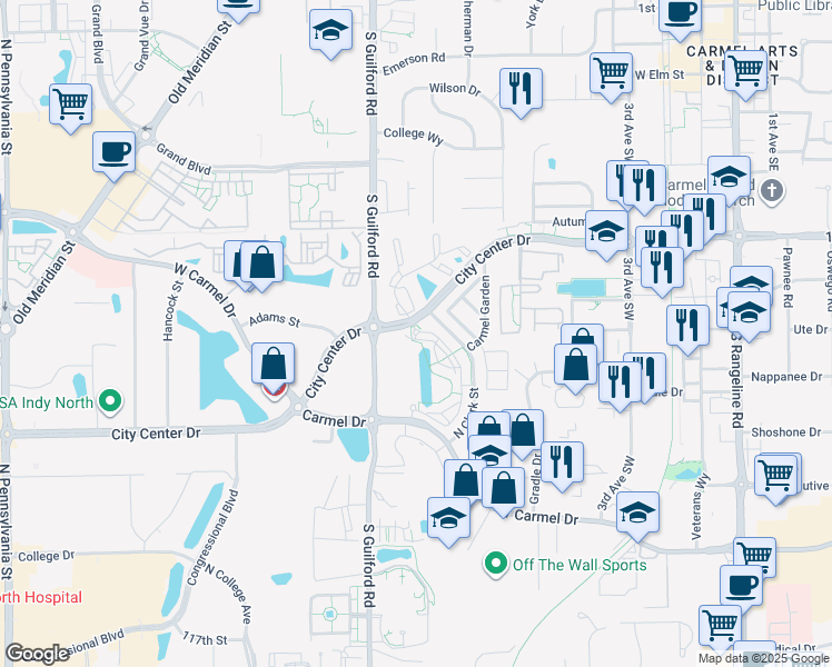 map of restaurants, bars, coffee shops, grocery stores, and more near 12517 North Clark Street in Carmel