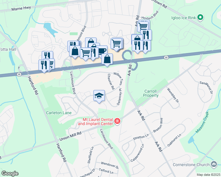 map of restaurants, bars, coffee shops, grocery stores, and more near 133A Chaucer Road in Mount Laurel Township