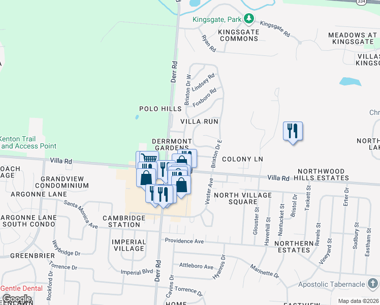 map of restaurants, bars, coffee shops, grocery stores, and more near 1039 Armsgate Road in Springfield