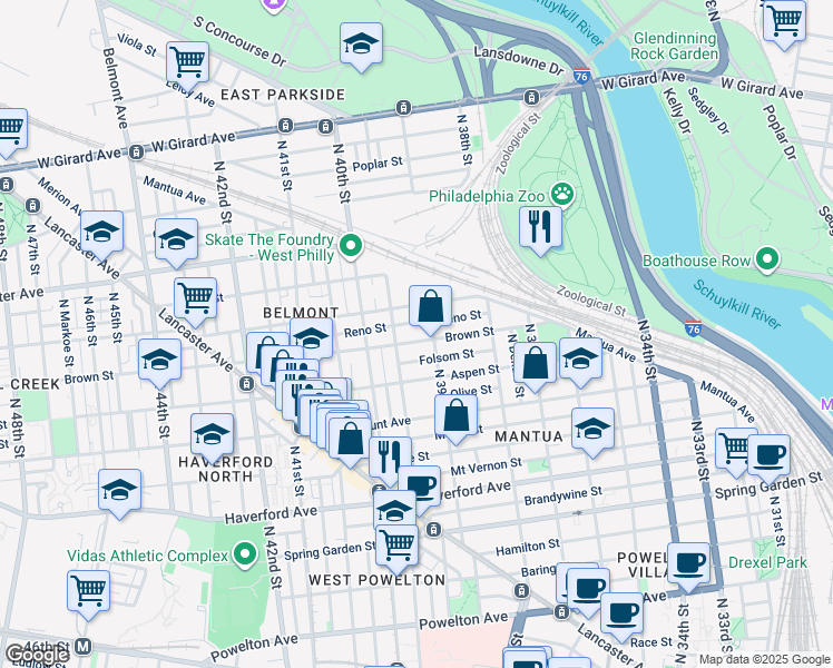 map of restaurants, bars, coffee shops, grocery stores, and more near 3919 Brown Street in Philadelphia