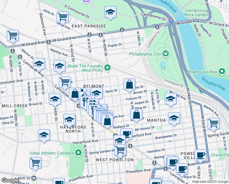 map of restaurants, bars, coffee shops, grocery stores, and more near 3974 Reno Street in Philadelphia