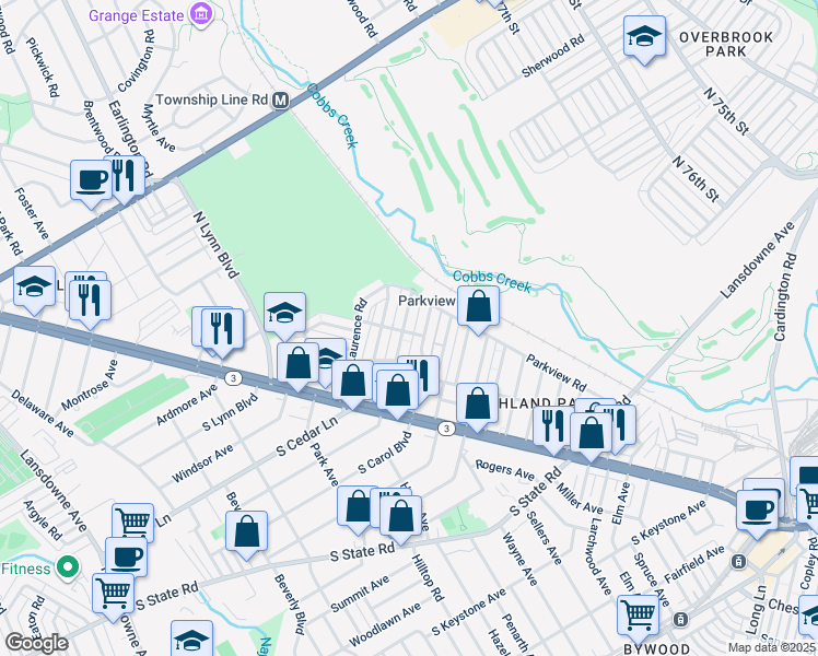 map of restaurants, bars, coffee shops, grocery stores, and more near 143 North Madison Avenue in Upper Darby