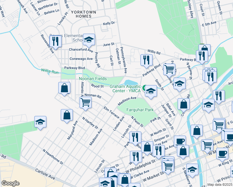 map of restaurants, bars, coffee shops, grocery stores, and more near 332 Pennsylvania Ave in York